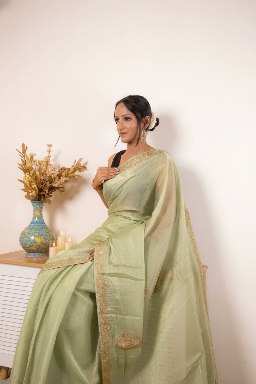 Orange Crush Tissue Silk Saree Green Gold Paisley Border (VS-YKS775) - 7