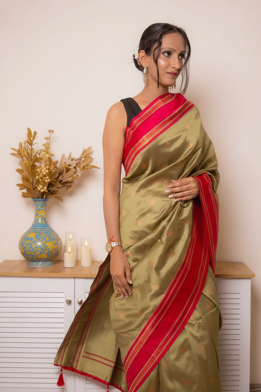 Rose-Lilac Paithani Silk Saree with Red Zari Border — green_pink - 7