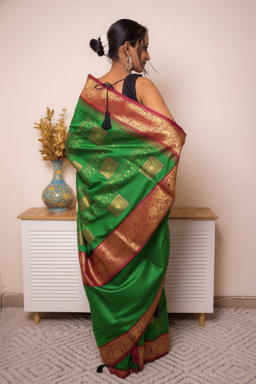 Fuchsia Paithani Silk Saree with Gold Zari Border — kelly_gree_dark_red - 7