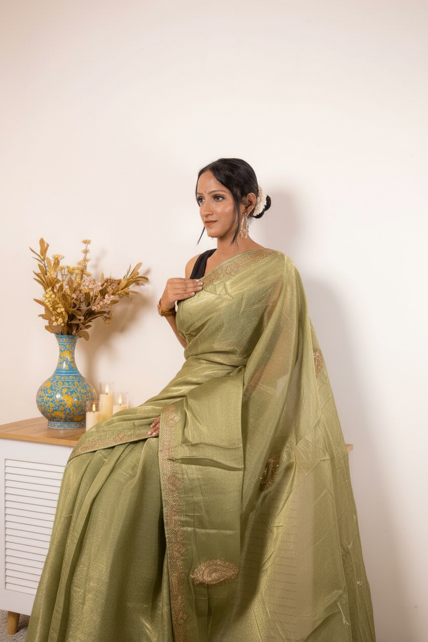 Desaturated Green Tissue Silk Saree With Gold Paisley Border (VS-YKS775) - 7