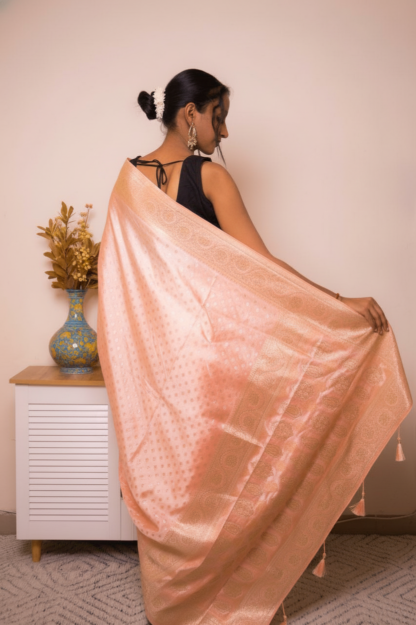 Peach Banarasi Silk Saree with Gold Zari Border, all over Buti with swarovski — coral_pink - 7