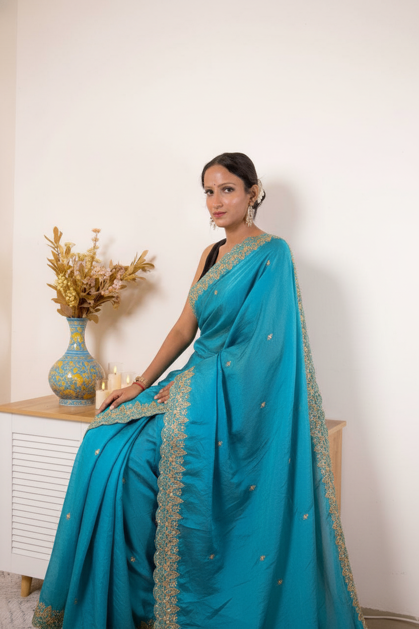 Pink-Copper Crush Tissue Silk Saree with Embroidered Border — blue - 7