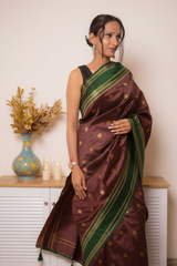 Rose-Lilac Paithani Silk Saree with Red Zari Border — violet_green - 7