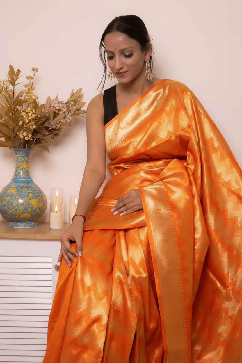Fuchsia Paithani Silk Saree with Gold Zari & Floral Pallu — orange - 7