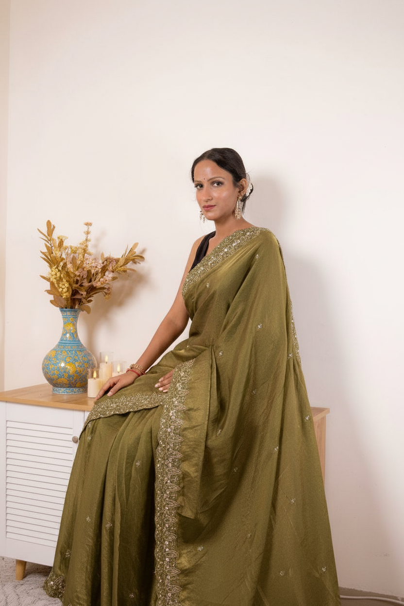Pink-Copper Crush Tissue Silk Saree with Embroidered Border — olive_green - 7