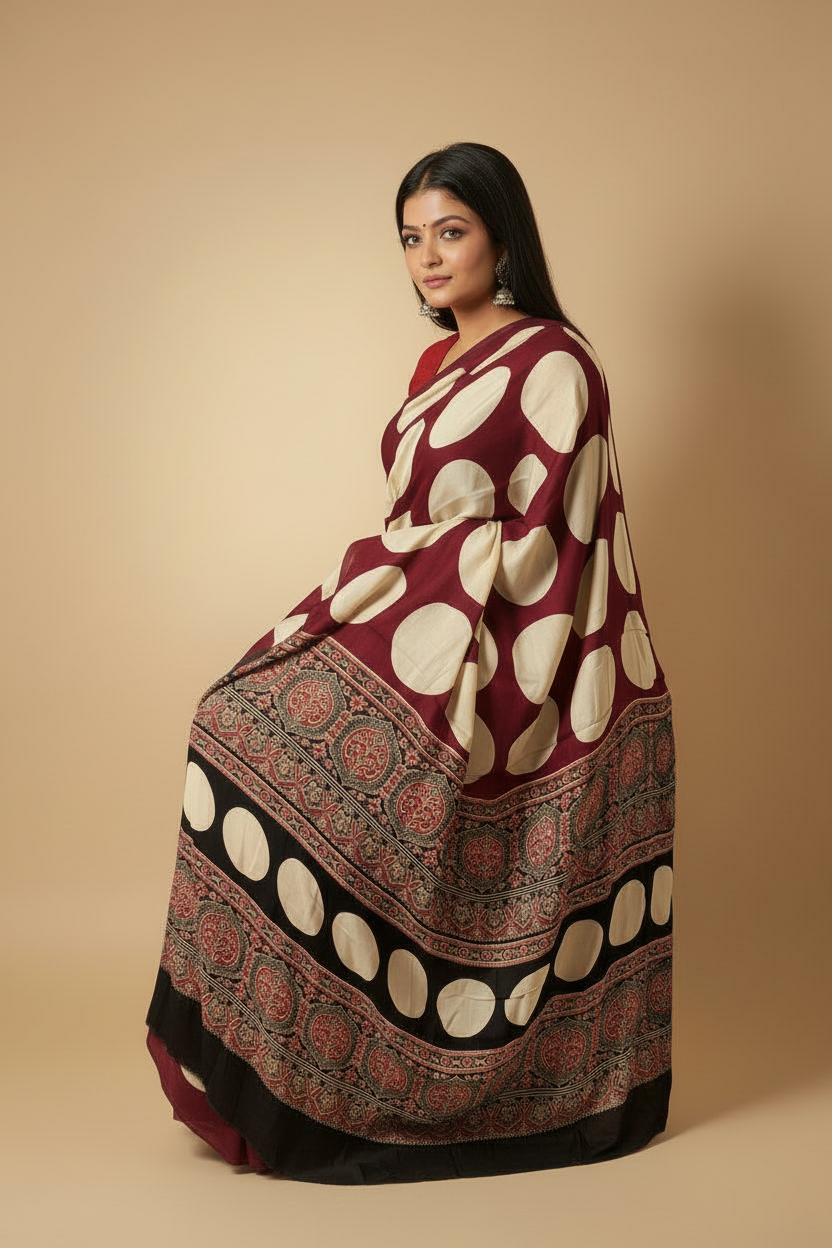 Maroon Ivory Ajrakh Polka Modal Saree With Printed Border (VS-KYA148) - 7