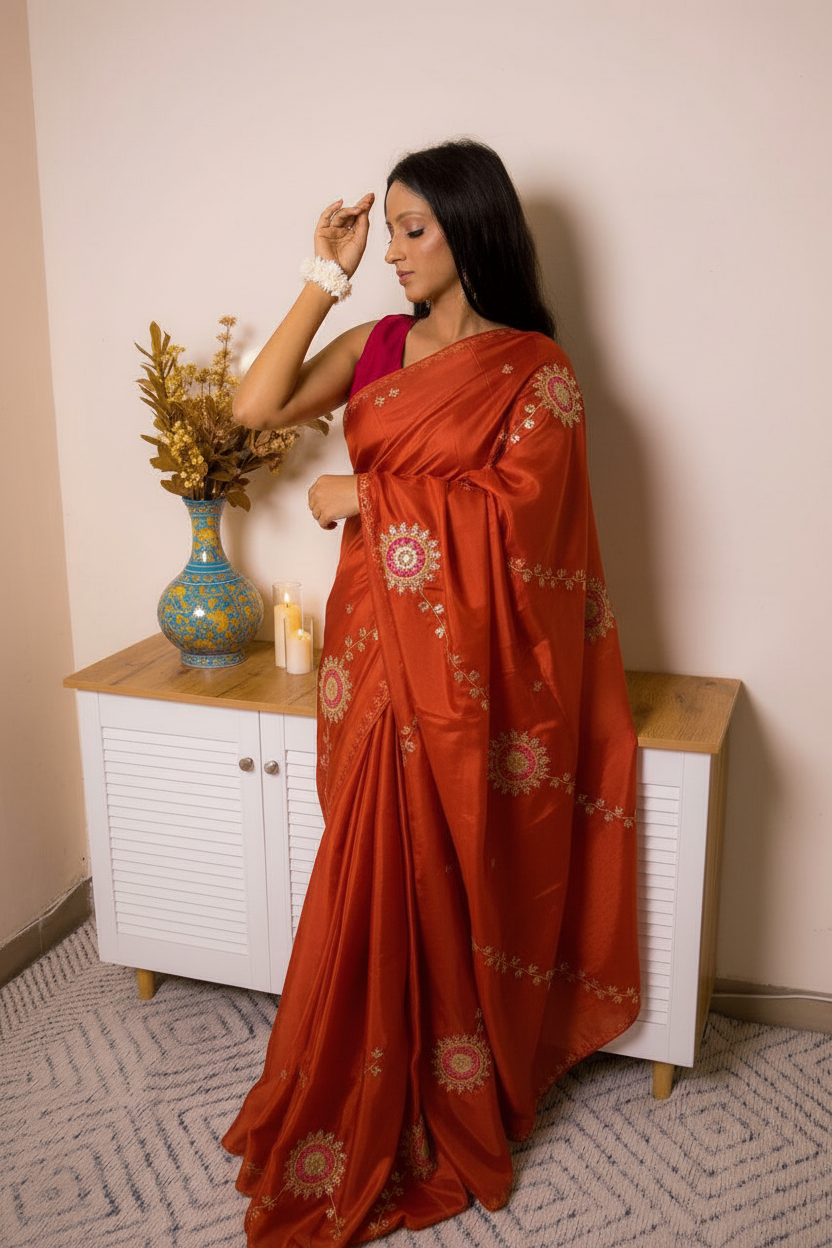 Elegant Satin Saree with Pita work — flame - 6