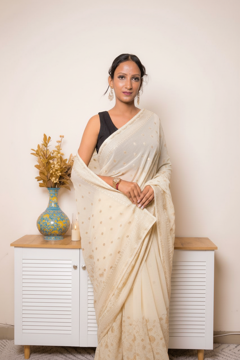 Wine Embroidered Georgette Saree with tiny flower Buti and swarovski — ivory - 8