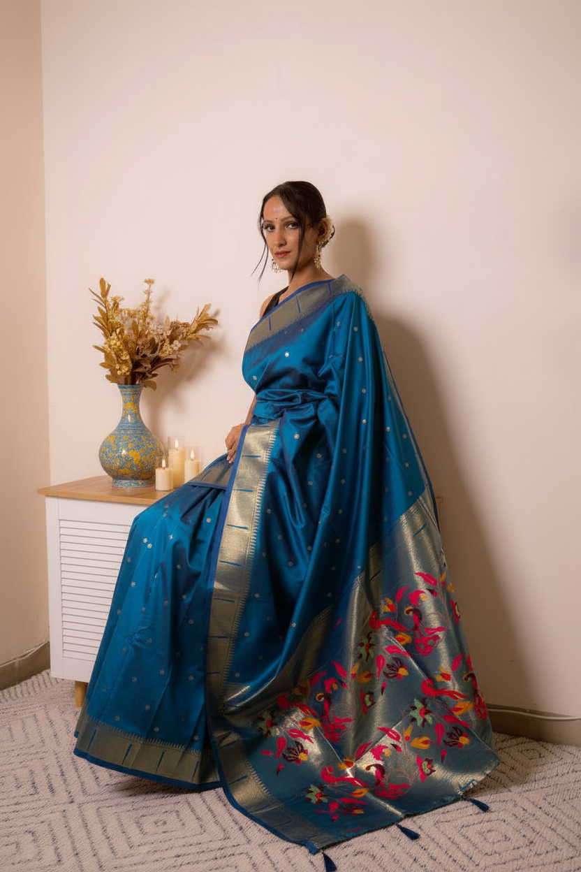 Sage Green Paithani Silk Saree with Gold Zari Pallu — aegean - 8