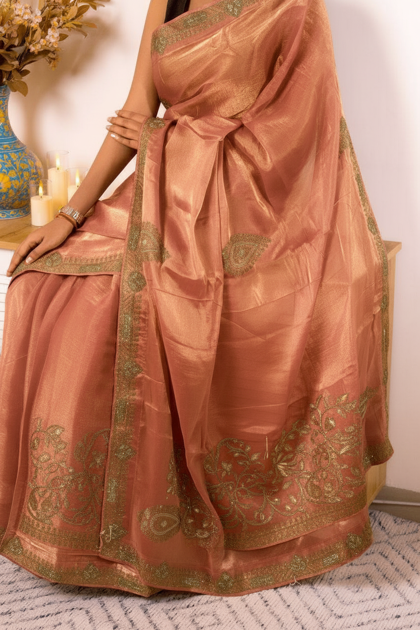 Deep Peach Crush Tissue Silk Saree Gold Paisley Border (VS-YKS775) - 8