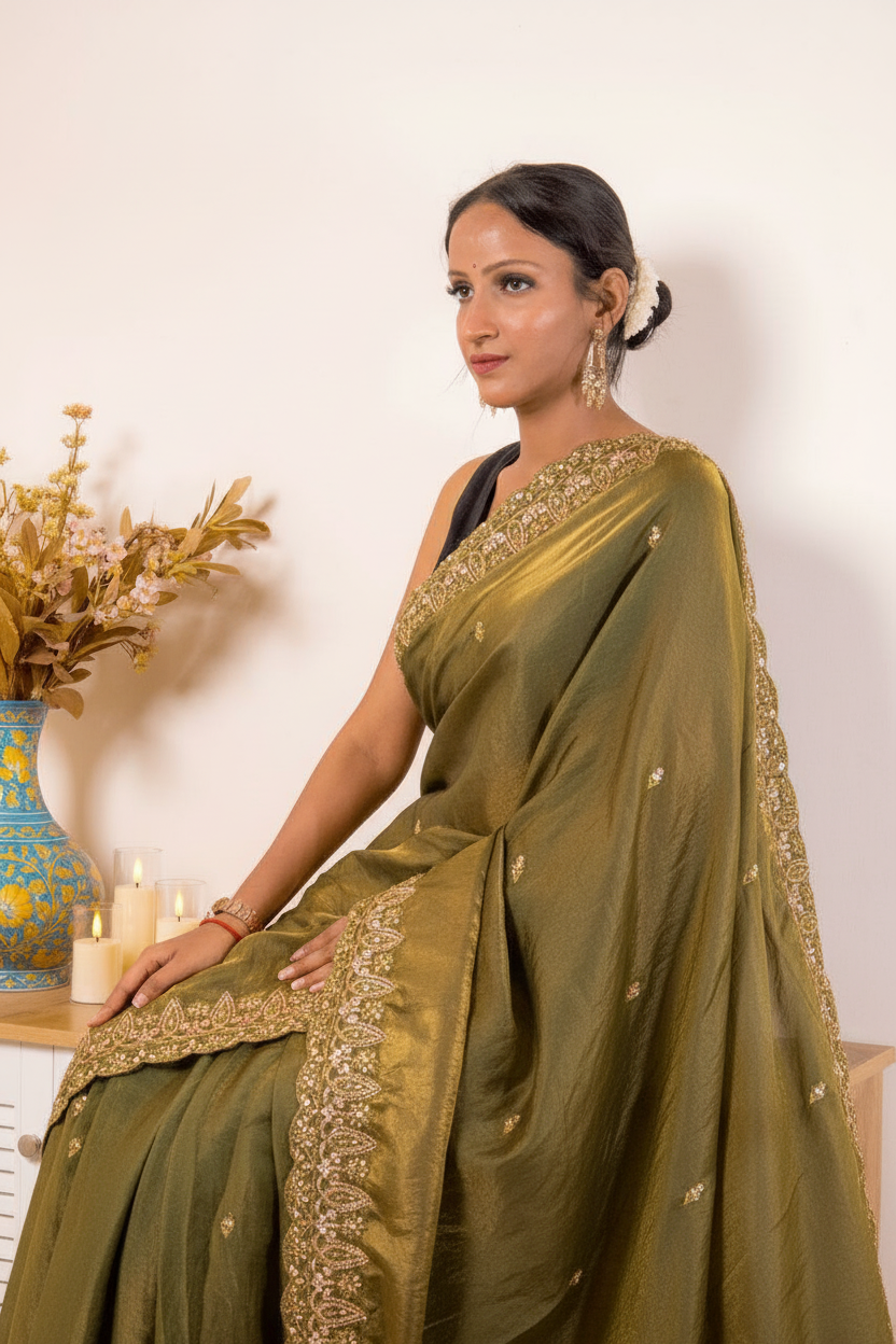 Pink-Copper Crush Tissue Silk Saree with Embroidered Border — olive_green - 8