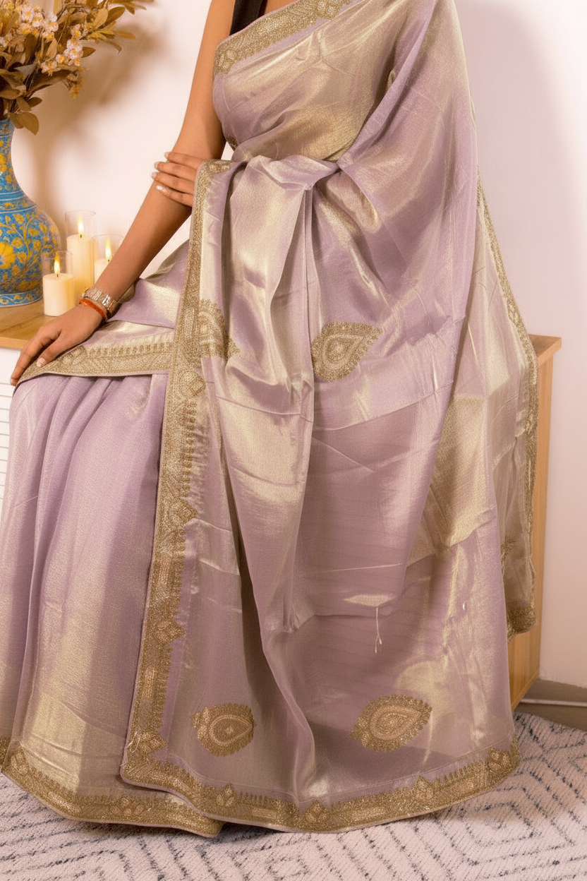 Lavender Muted Lilac Tissue Silk Saree With Gold Paisley Border (VS-YKS775) - 8