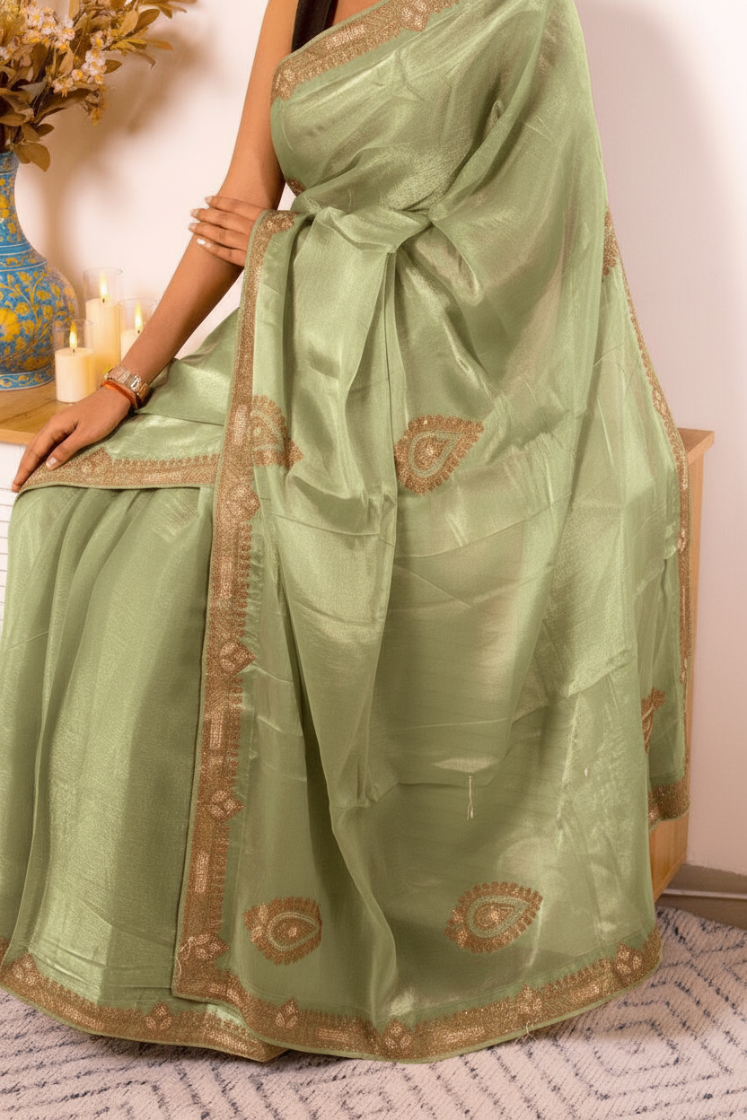 Desaturated Green Tissue Silk Saree With Gold Paisley Border (VS-YKS775) - 8