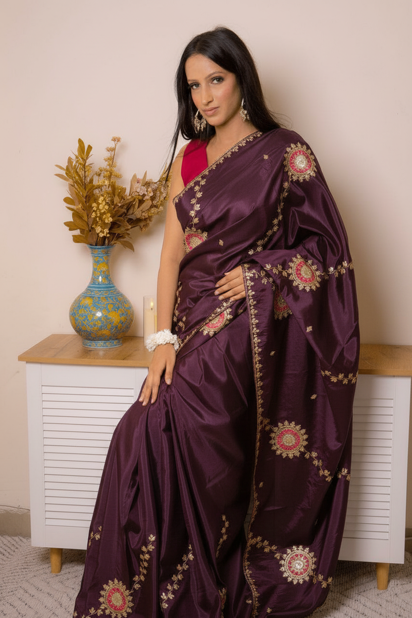 Elegant Satin Saree with Pita work — deep_purple - 7