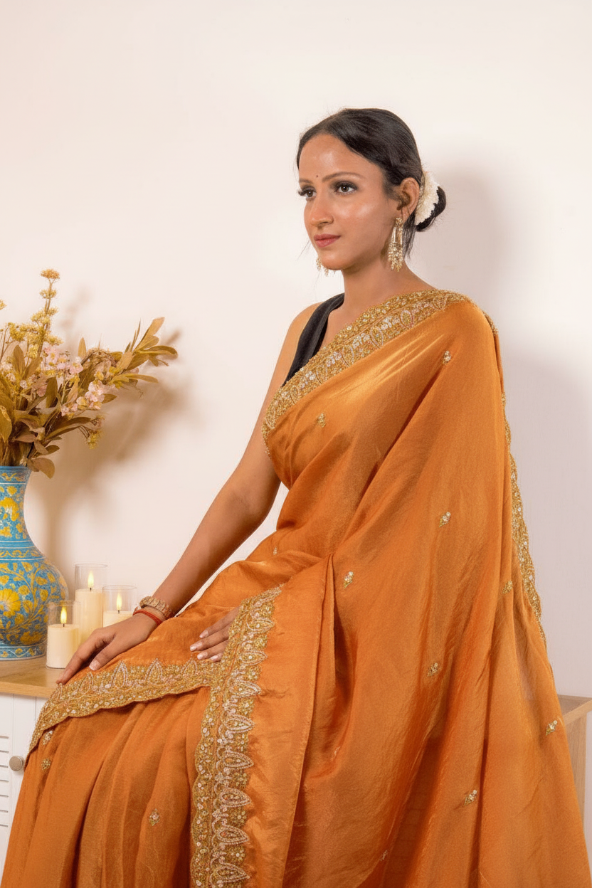 Pink-Copper Crush Tissue Silk Saree with Embroidered Border — burnt_orange - 8