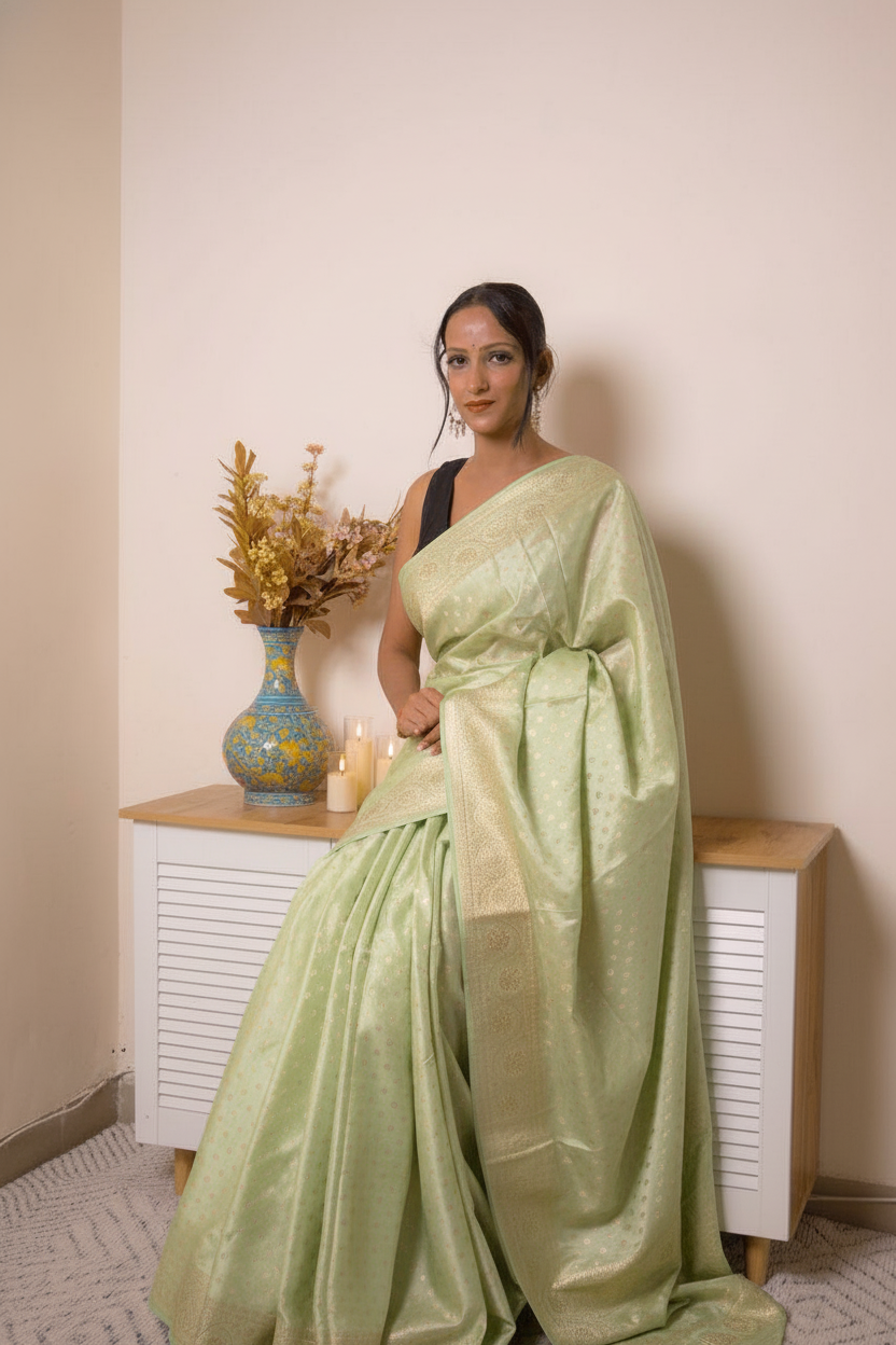 Peach Banarasi Silk Saree with Gold Zari Border, all over Buti with swarovski — pistachio_green - 8