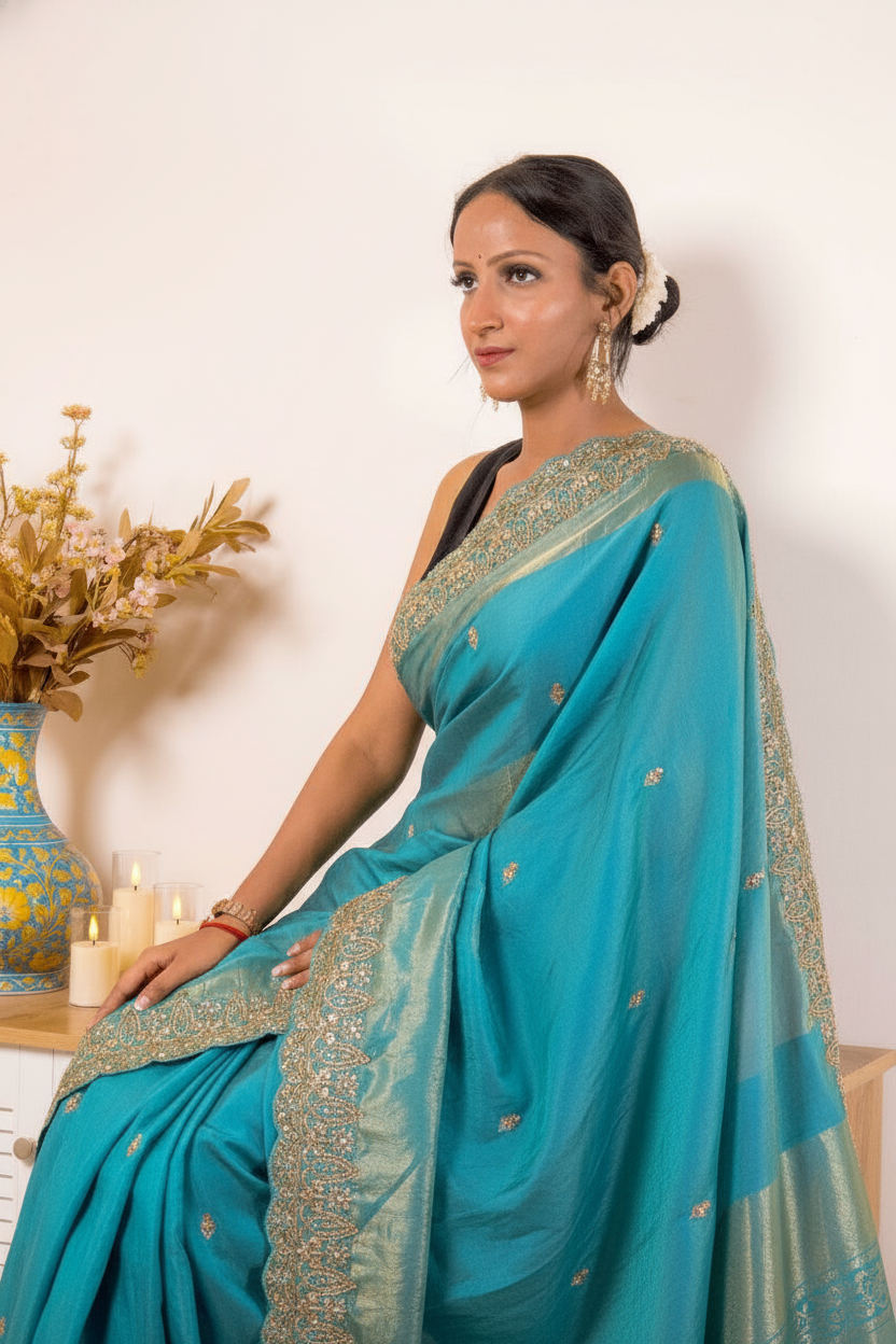 Pink-Copper Crush Tissue Silk Saree with Embroidered Border — blue - 8