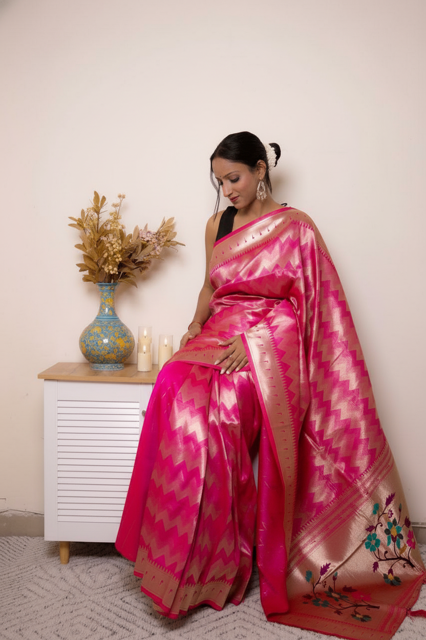 Fuchsia Paithani Silk Saree with Gold Zari & Floral Pallu — rich_pink - 8