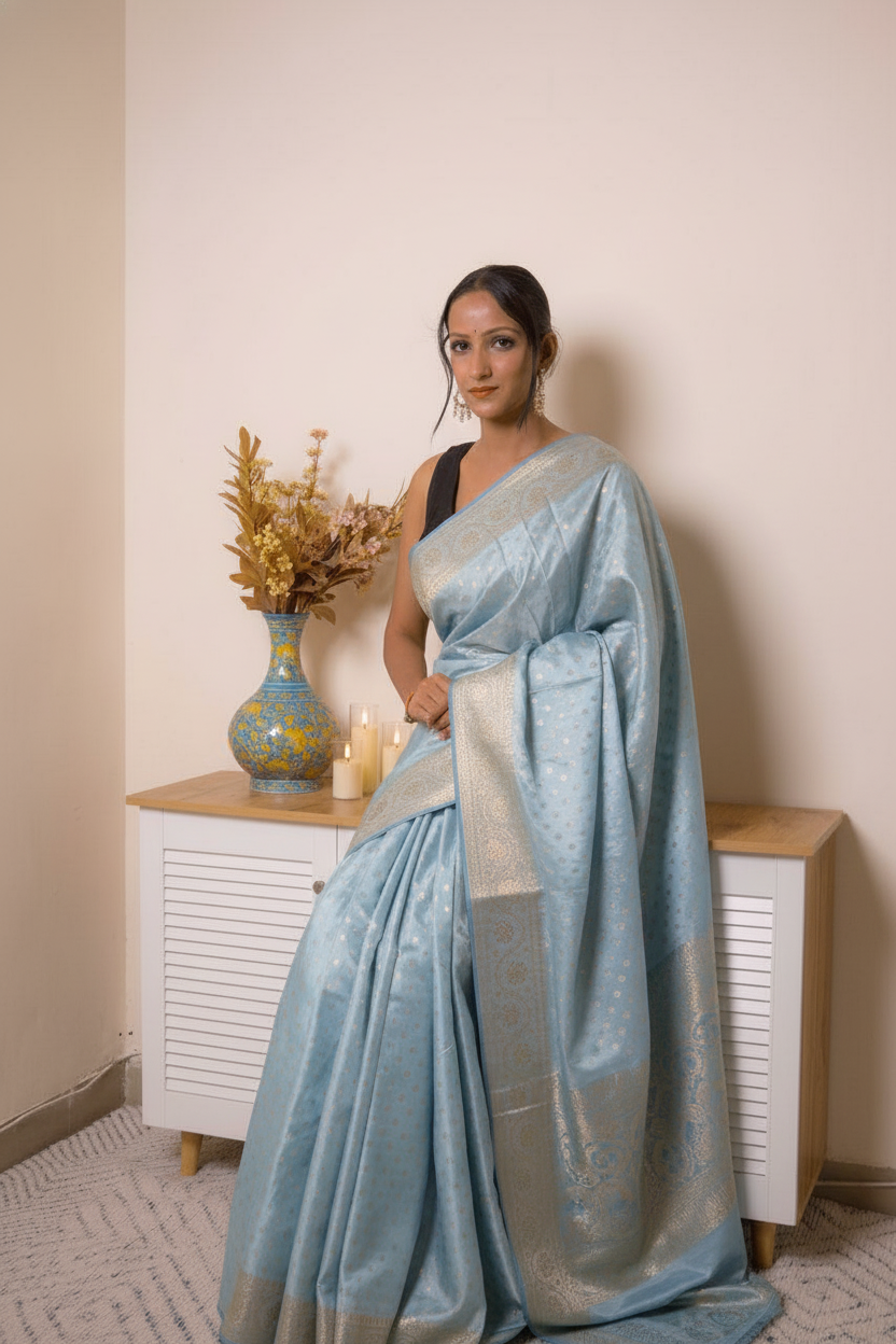 Peach Banarasi Silk Saree with Gold Zari Border, all over Buti with swarovski — powder_blue - 8