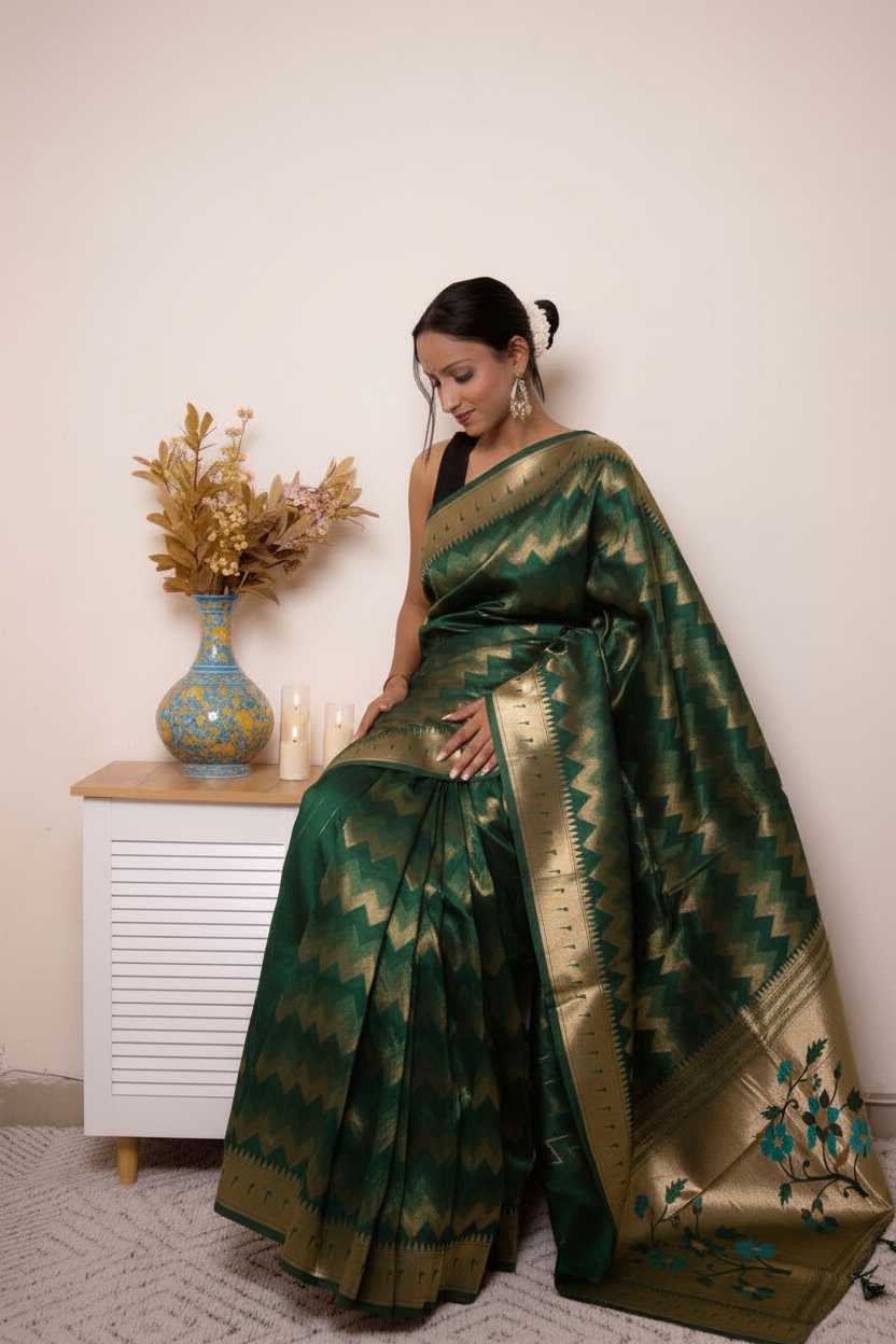 Fuchsia Paithani Silk Saree with Gold Zari & Floral Pallu — dark_bottle_green - 8