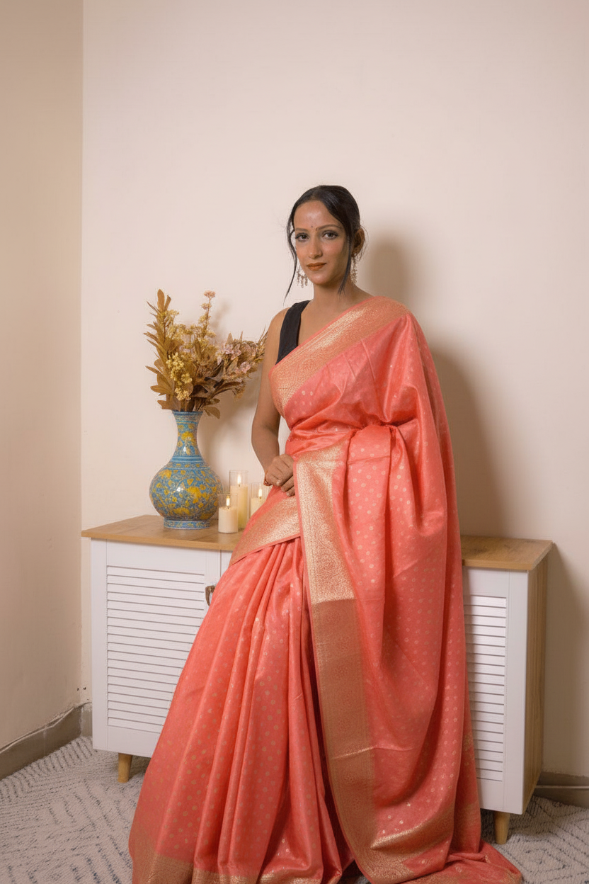 Peach Banarasi Silk Saree with Gold Zari Border, all over Buti with swarovski — coral_pink - 8