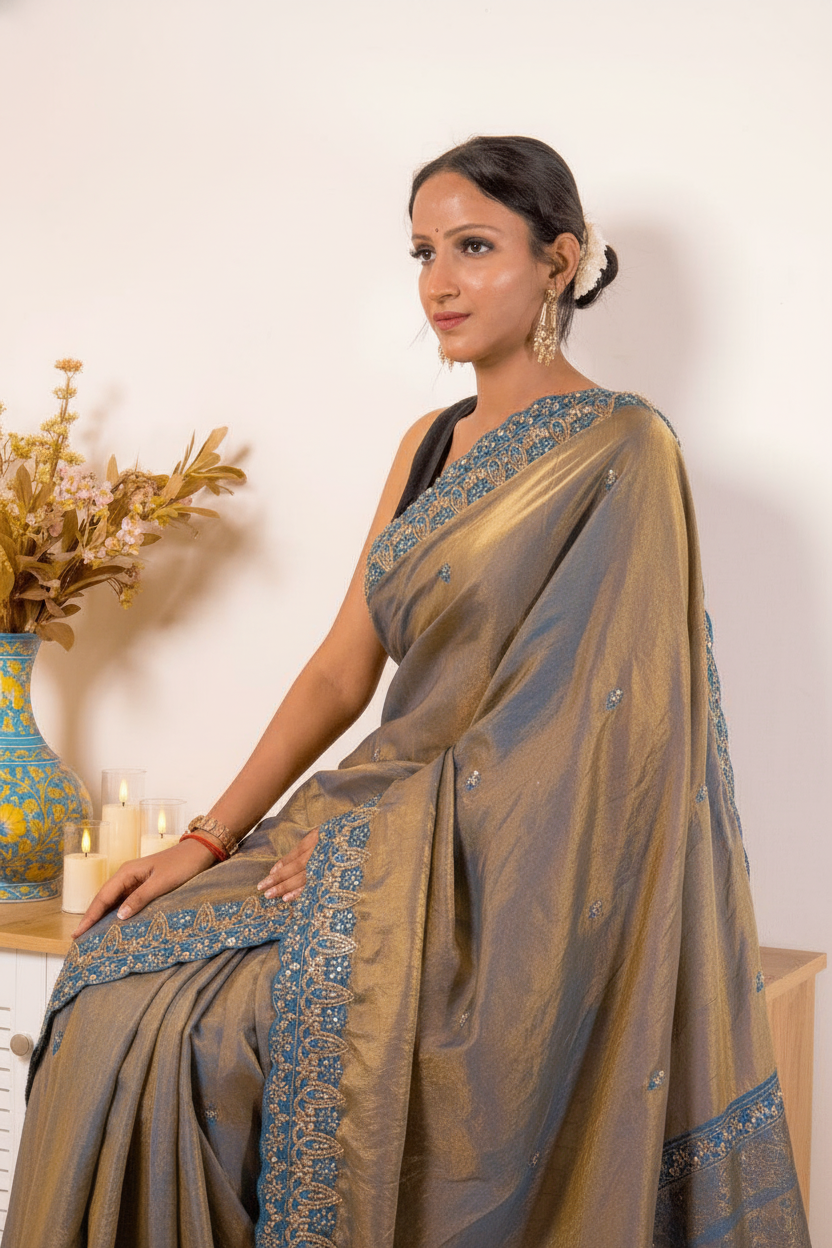 Pink-Copper Crush Tissue Silk Saree with Embroidered Border — blue_gold - 8