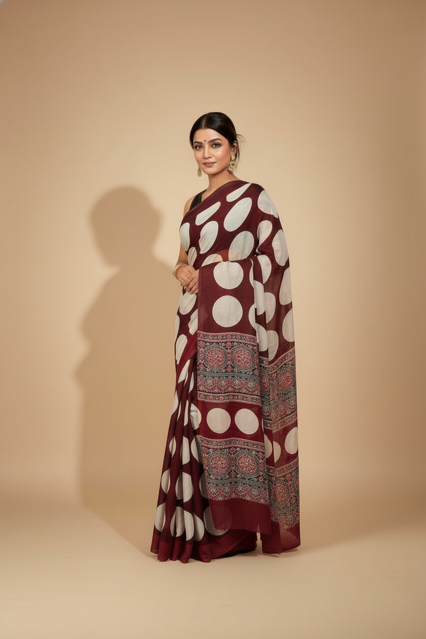 Maroon Ivory Ajrakh Polka Modal Saree With Printed Border (VS-KYA148) - 8