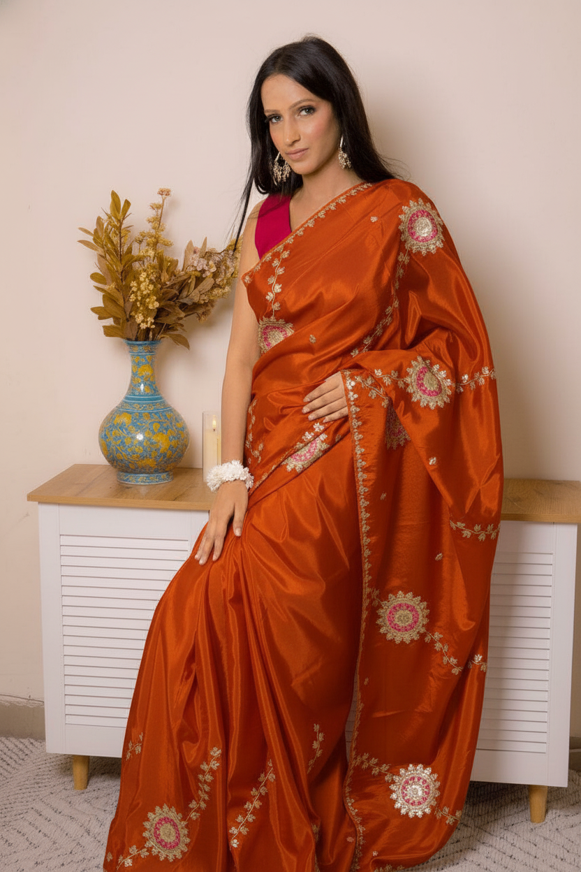 Elegant Satin Saree with Pita work — flame - 7