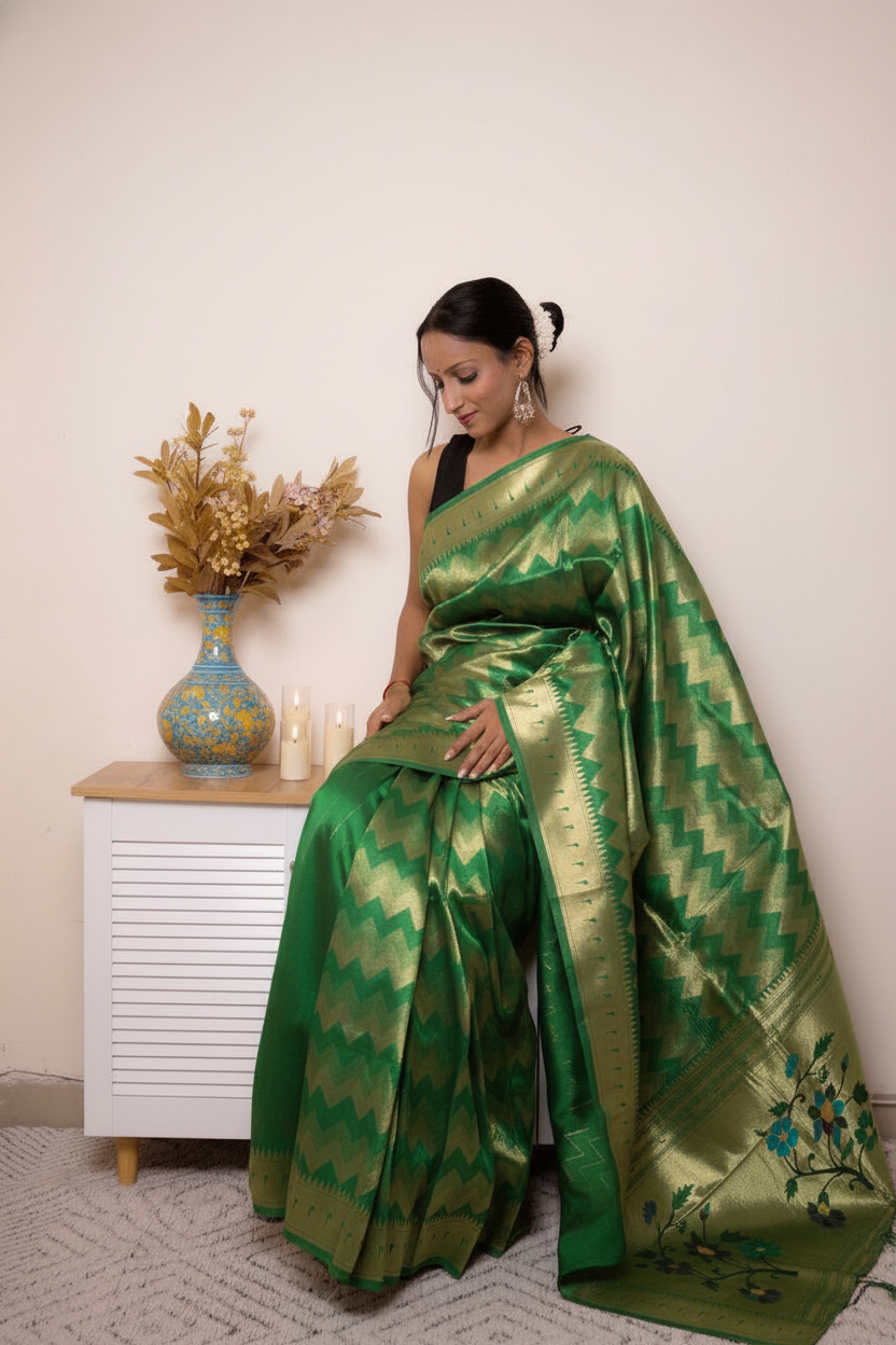 Fuchsia Paithani Silk Saree with Gold Zari & Floral Pallu — green - 8