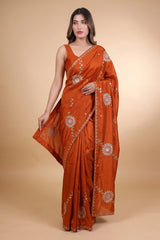 Elegant Satin Saree with Pita work in Rust Orange