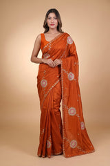 Elegant Satin Saree with Pita work in Rust Orange