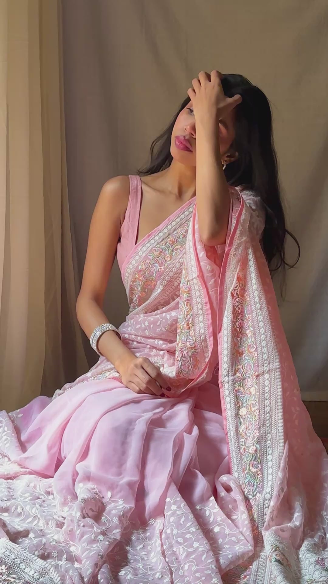 Lucknawi Chikankari Georgette Saree in Baby pink