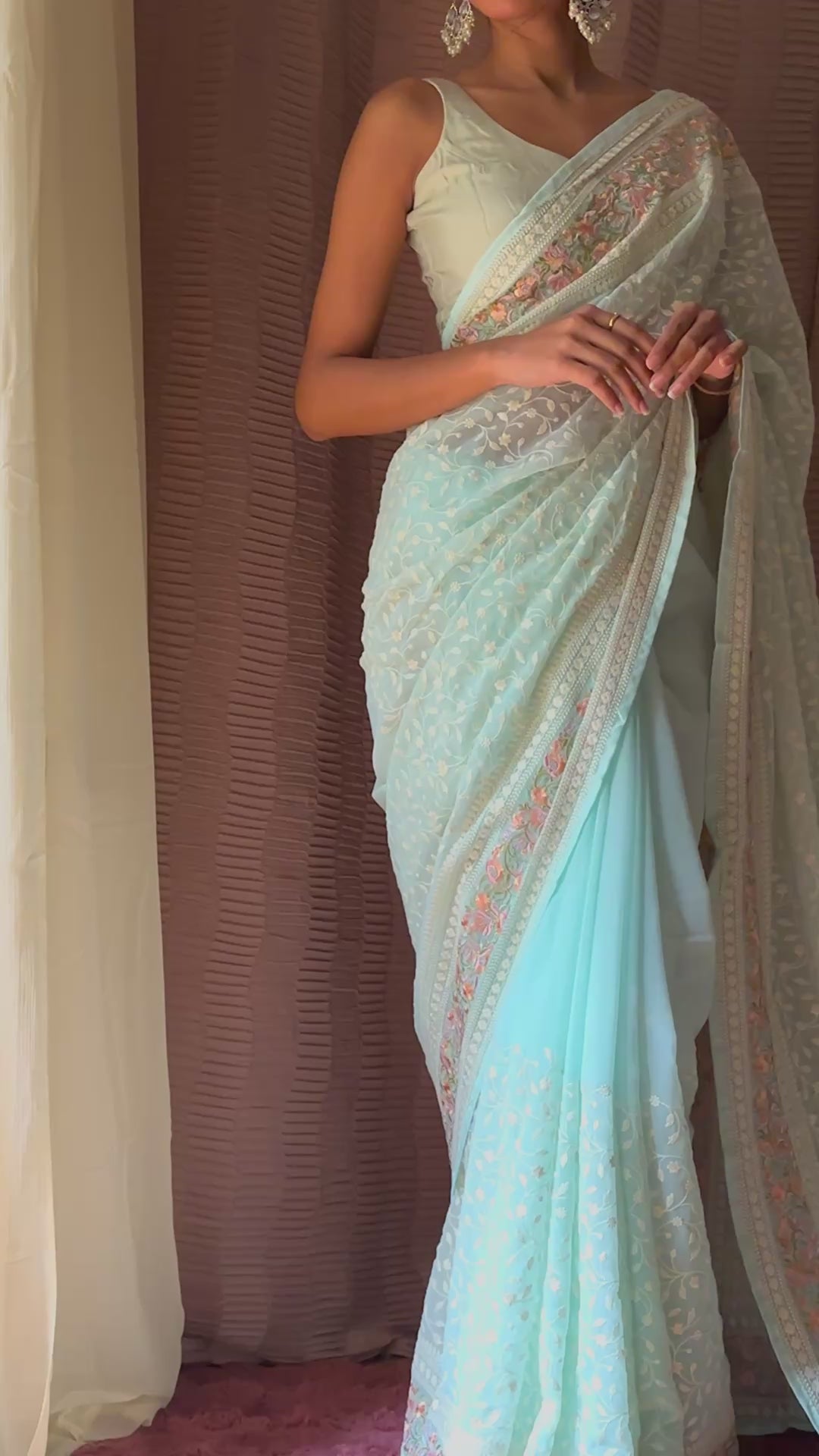Lucknawi Chikankari Georgette Saree in Pastel Aqua blue