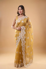 Mustard Lucknowi Chikankari Tissue Silk Saree