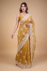 Mustard Lucknowi Chikankari Tissue Silk Saree