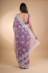 Lucknowi Chikankari Tissue Silk Saree in Lilac