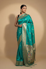 Teal Paithani Silk Saree With Multicolor Zari Pallu (VS-ZFY355)